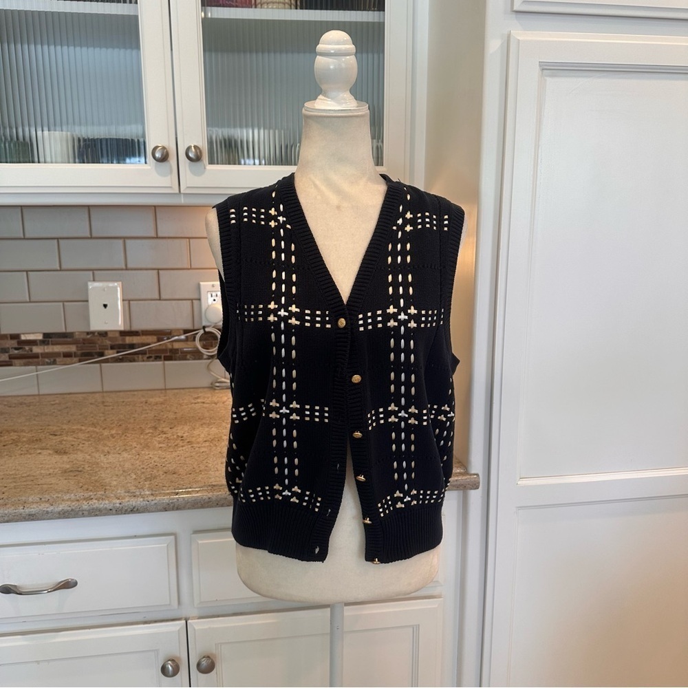 Navy Knit Sweater Vest Preppy Size Medium By Lizsport Plaid Button Up